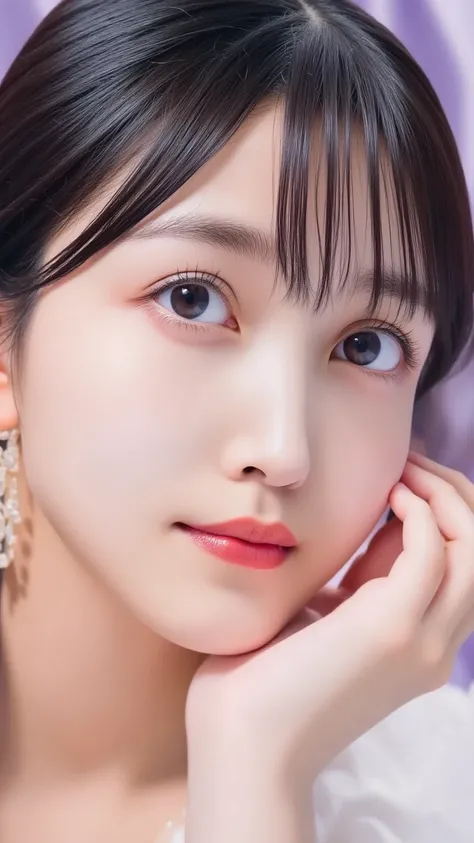 "A close-up of a cute young woman’s face with big, sparkling eyes, flawless and smooth skin, and a gentle smile. Her hair softly frames her face, and the background is blurred to emphasize her features. The lighting is bright and natural, creating a soft a...