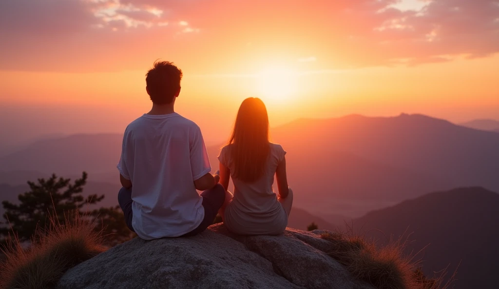 A peaceful scene of a person meditating on a mountain top or cliff, overlooking a breathtaking sunset. The person is seated in a cross-legged position, surrounded by nature, with calm, serene expressions. The sky is bathed in warm hues of orange, pink, and...