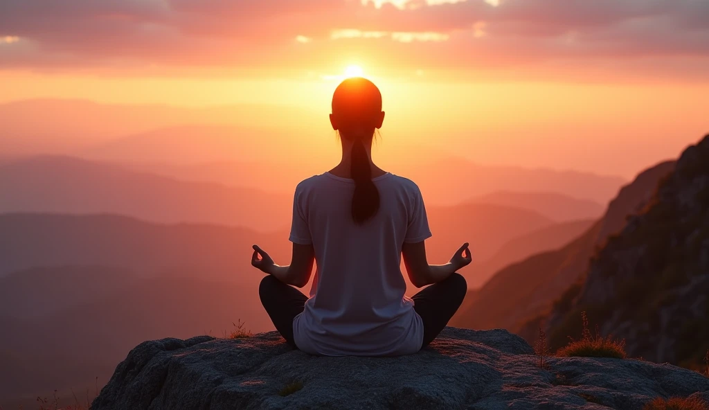 A peaceful scene of a person meditating on a mountain top or cliff, overlooking a breathtaking sunset. The person is seated in a cross-legged position, surrounded by nature, with calm, serene expressions. The sky is bathed in warm hues of orange, pink, and...