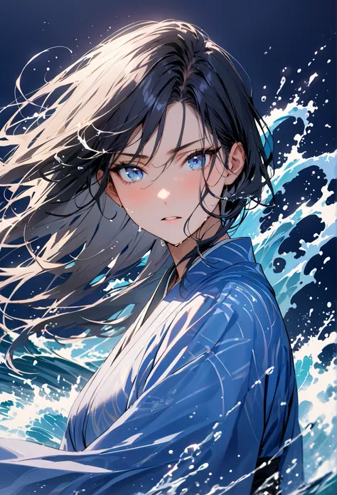 (masterpiece, best quality:1.3), (A woman, 21-years-old, solo, Caucasian, long black hair, focused facial expression, mature face, blue eyes, perfecteyes:1.1), (light blue kimono, dark blue background, splashes of water, waves:1.2)