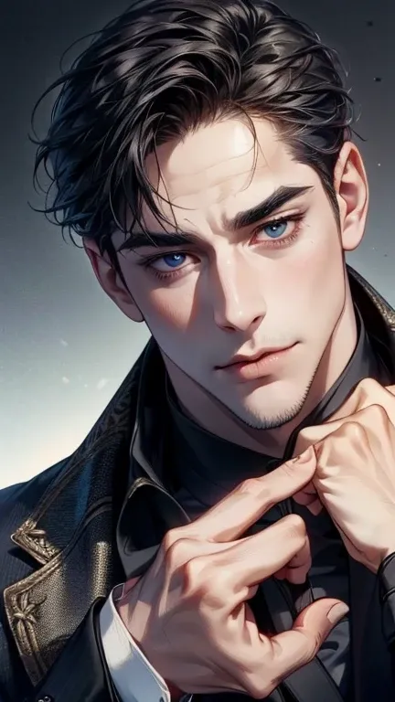 (   best quality ,4K,8k,   highres,   Masterpiece:1.2),   ultra-detailed  ,( realistic,photo realistic,photo- realistic:1.37),36-year-old man,3 day beard,cute anime ,Portraits,strong,Masculine,   dark hair,sharp jaw,      mesmerizing eyes      ,   perfectl...