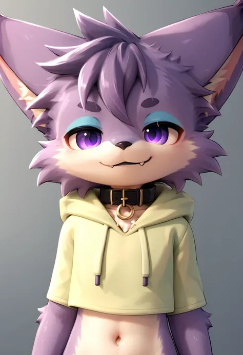 score_9,score_8_up,score_7_up, rating_explicit, anthro lynx, furry art, medium hair, head tuft, shirtless, ((shota)), male, (purple fur), purple body, ((soft body)), fuzzy, one fang, medium hair, wavy hair, purple eyes, solo focus, kemono, cute, eyeliner, ...