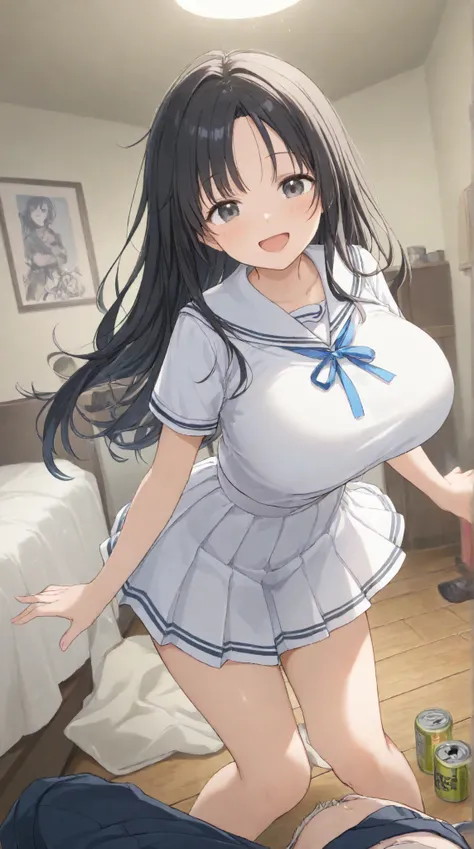 Big Breasts,    、  morning、 sailor suit、 pleated skirt、room、Can you wake me up、 long hair,   black hair , bangs,    ,  smile,  ,  smiles,   , （One girl 1.8）, ,  open your mouth, （ blue ribbon）、（1 illustration 1.5）