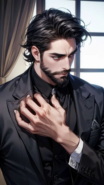 (   best quality ,4K,8k,   highres,   Masterpiece:1.2),   ultra-detailed  ,( realistic,photo realistic,photo- realistic:1.37),36-year-old man,3 day beard,cute anime ,Portraits,strong,Masculine,   dark hair,sharp jaw,      mesmerizing eyes      ,   perfectl...