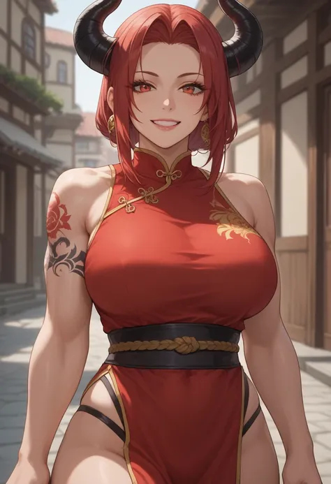 Beautiful ogre woman with long scarlet hair with a muscular toned body covered in tattoos ,  big breasts and two black horns sticking out of her forehead , wearing a red cheongsam without sleeves or straps with a lower part with side slits that reaches the...