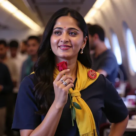 ((AnushkaShettyFlux)) ((sweaty)) Anushka is a flight attendant . She is wearing navy blue uniform and yellow scarf. short skirt, (black high heels), perfect legs, model pose,, flight cabin, pantyhose . I just gave her a bright red rose, which she is...