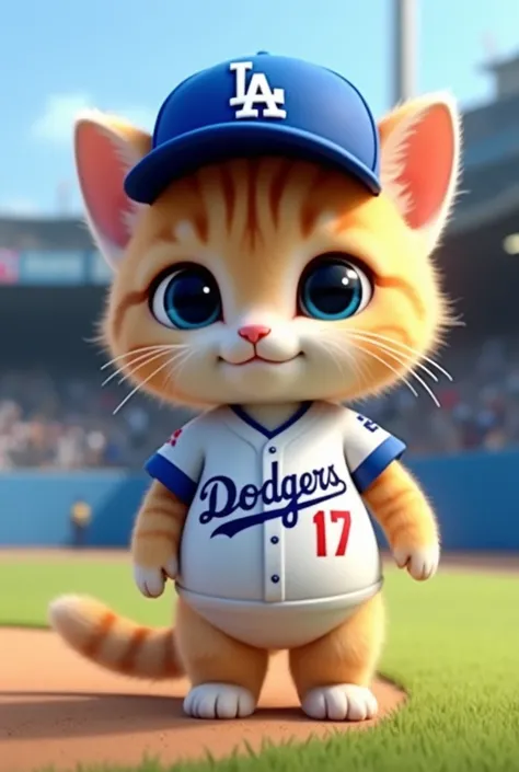     cute kitten in a baseball costume             、                      Dodgers uniform、No,17  、 wearing a Dodgers hat          、        stand up   、      hand against the wall、      3d animation style , Cute cat on the baseball field      、        withou...