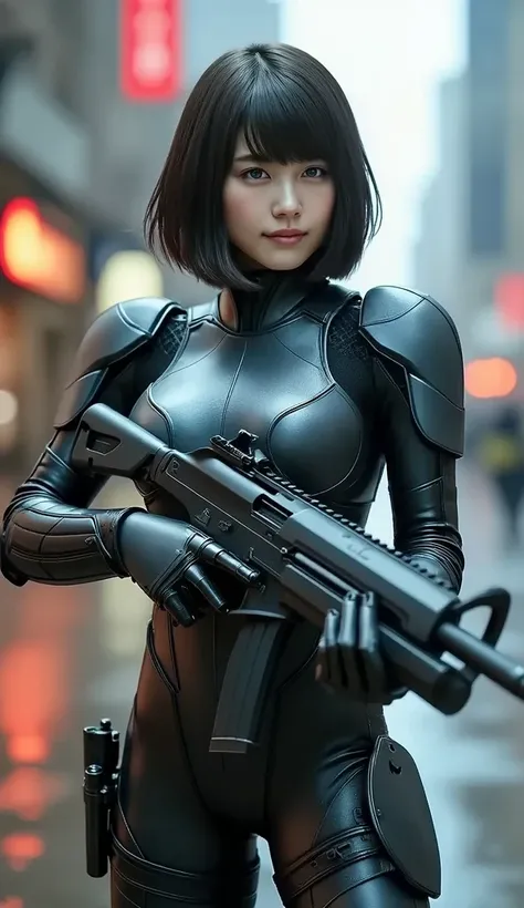 (   best quality of wells, 4K, 8k,   high res  ,  Masterpiece: 1.2), (   very detailed,  by Nomi,  by Nomi:1.37), Female police officer in futuristic costume  ,  woman wears exoskeleton cyber armor 、((    she has a plasma gun in her hands  )),  full body i...