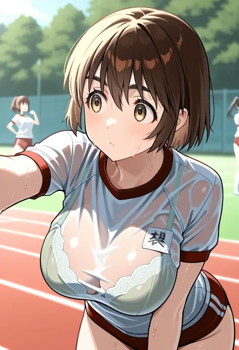  masterpiece,  top quality, 32K,  high res,   is ridiculous, ayase fuuka、Big Breasts、 gym clothes、 Technical player、 Stretching 、 3 girls、sweat、Outdoors、See-through bra、Forward bending、