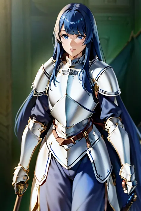 masterpiece, best quality, 1girl, solo, adult face, fearless face, deep blue hair, long hair, blunt bangs, blue eyes, (((silver plate armor:1.3))), blue detachable collar, shoulder armor, belt, pauldrons, breastplate, waist armor, Fauld, arms armor, gauntl...