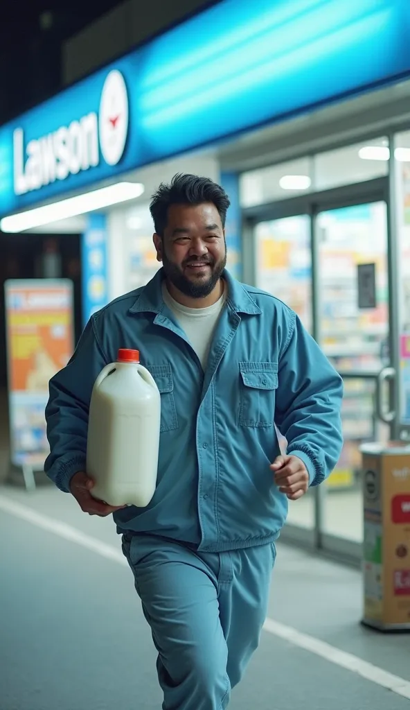  thick Japanese man robbing a milk tank from a light blue convenience store and running。Work clothes are coming。 holding a tank with both hands 。Overflowing undulating milk 。Outside the convenience store。Running with the entrance on its back。Eye-catching。T...