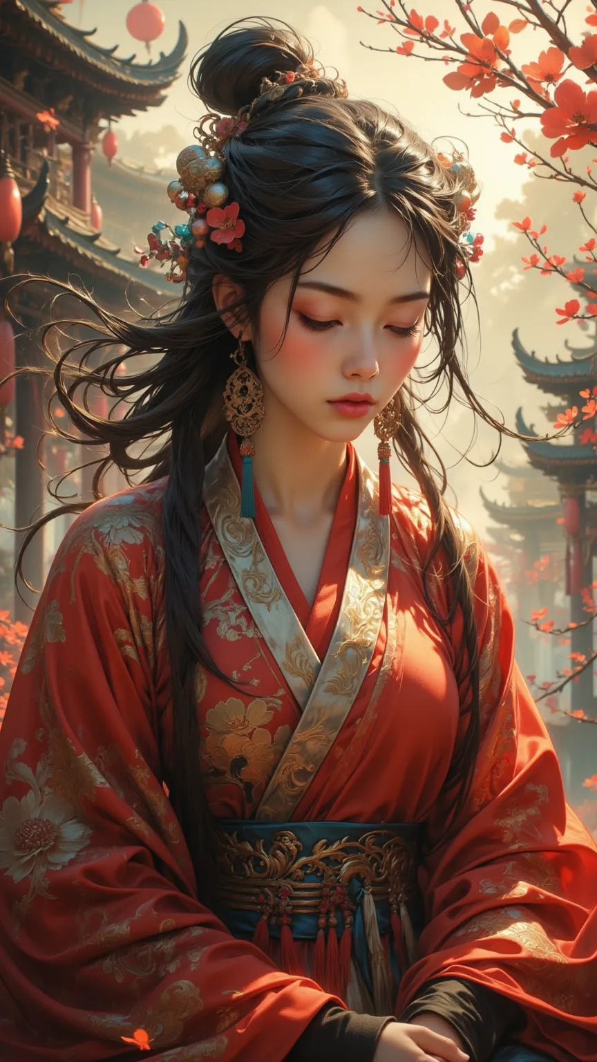  Portrait of a young Asian girl dressed in traditional Taoist clothing，long hair，Bathing in a beam of sunshine ， Meditate deeply in an ancient Chinese landscape ， creates a serene atmosphere ，Depth of Field， dynamic angle， Sharp focus ， super detailed