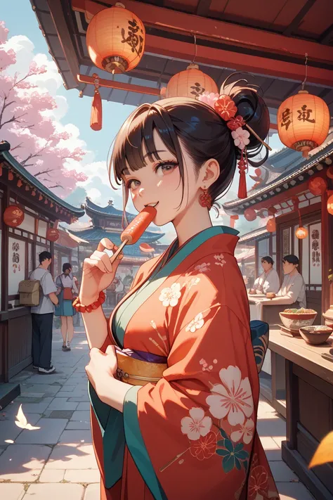 Asian woman enjoying a Japanese festival　Anime style