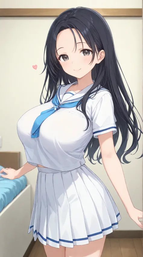 Big Breasts,    、  morning、 sailor suit、 pleated skirt、room、（morning起こしに来る）、long hair,   black hair , bangs,    ,  smile,  ,  smiles,   , （One girl 1.5）, （ blue ribbon）、（ 1.5）solo, 