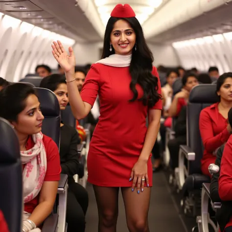 ((AnushkaShettyFlux)) ((sweaty)) Anushka  is a flight attendant .She is wearing   red uniform   and white scarf.  short skirt, (black high heels), perfect legs, model pose,, flight cabin, pantyhose .  She just found me entering the aircraft.  She is standi...