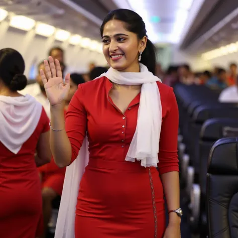 ((AnushkaShettyFlux)) ((sweaty)) Anushka  is a flight attendant .She is wearing   red uniform   and white scarf.  short skirt, (black high heels), perfect legs, model pose,, flight cabin, pantyhose .  She just found me entering the aircraft.  She is standi...