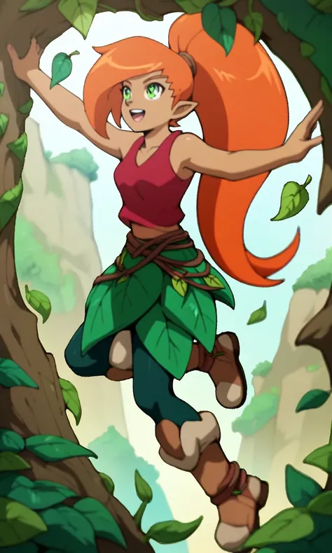 Edyn, 1girl, dark-skinned female, orange hair, long hair, ponytail, green eyes, leggings off, pointy ears, tank top, leaf skirt boots off