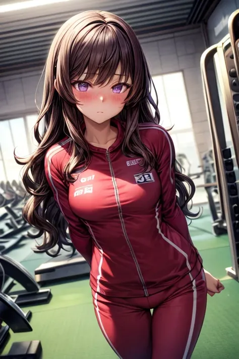 ((best quality)), ((masterpiece)), (detailed), a girl, somewhat short stature, blushing, purple eyes, wavy hair, brown hair, bangs, long hair, gym suit, anime