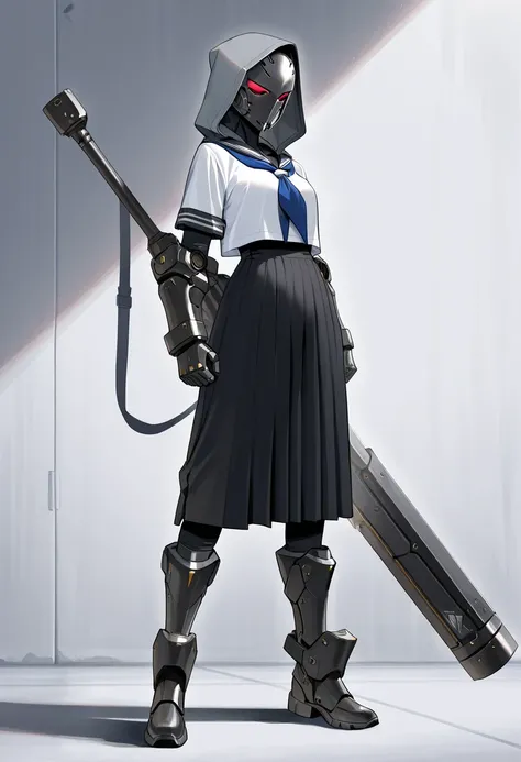  Masterpiece,  top quality,  high res,  1 girl, Alone, sailor suit、gray hood 、 iron mask on face , high-tech iron gauntlet worn on arms、  high-tech iron long pants 、 Black Skirt、Iron Boots、 full body