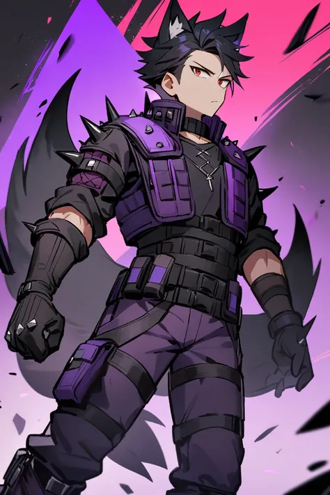 A boy, red eyes, short hair, black hair, Spiked Hair, black shirt, purple and black gloves, open black and purple vest, with spikes on the sholders, black and purple tactical pants, black boots, black wolf ears, black wolf tail