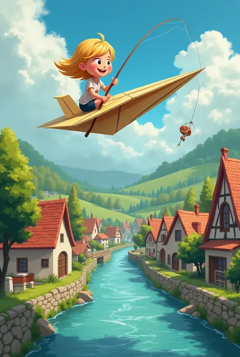 I want you to create an illustration to go with the layout I sent you .  I want a blonde girl fishing from a paper airplane on a river that runs through a village and the whole picture is in a can

