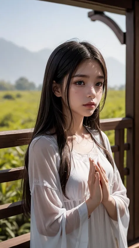  Portrait of a young Asian girl dressed in traditional Taoist clothing，long hair，Bathing in a beam of sunshine ， Meditate deeply in an ancient Chinese landscape ， creates a serene atmosphere ，Depth of Field， dynamic angle， Sharp focus ， super detailed