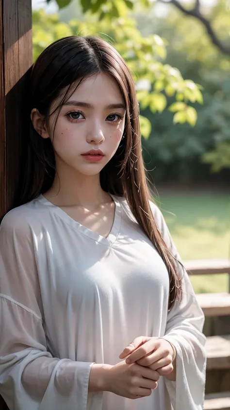  Portrait of a young Asian girl dressed in traditional Taoist clothing，long hair，Bathing in a beam of sunshine ， Meditate deeply in an ancient Chinese landscape ， creates a serene atmosphere ，Depth of Field， dynamic angle， Sharp focus ， super detailed