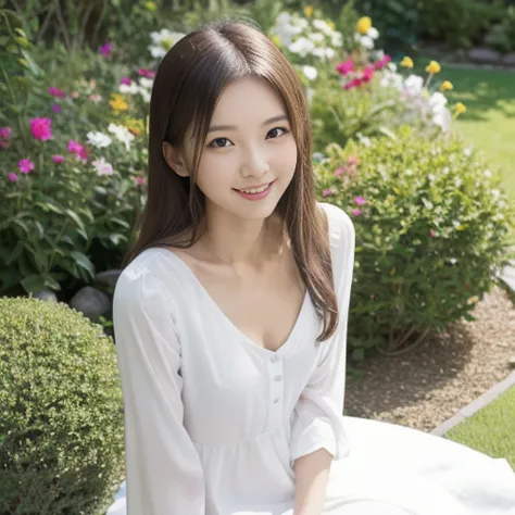 woman, sitting next to a flower bed in a garden, white long dress, (downblouse:1.3), full body, propping chin on hand, tranquil, nature, ((masterpiece)), ((best quality)), (ultra-detailed), ((beautiful eyes)), Japanese female, (slender:1.3), ((30 years old...