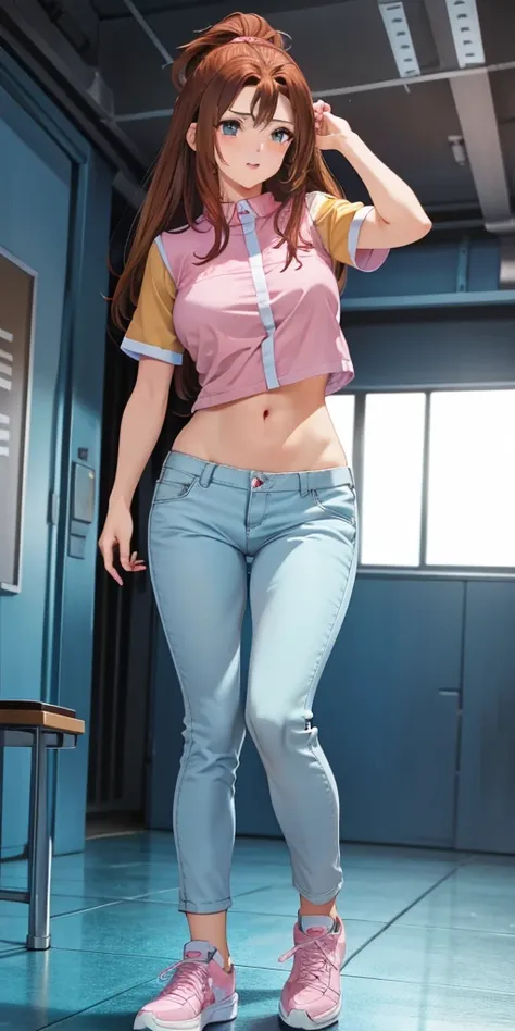   1 female,  high definition,  High resolution,    ultra-realistic    ,8K, serenidaddm  ,   long hair,   brown hair,     pink shirt  ,  pantalones cortos azules ,   gray eyes,    big breasts,  blue sneakers  ,   big breasts,European,sexy, foreground of the...