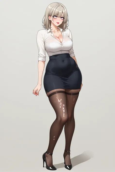  quality;{ Ultra-realistic,  high definition,  Details,  high res, 8k, Realistic color saturation , プロフェッショナル quality,  perfect contrast, (Light Gray Background), ( correct anatomy ),  bukkake black stockings, (Photographing a Beautiful Secretary from Head...