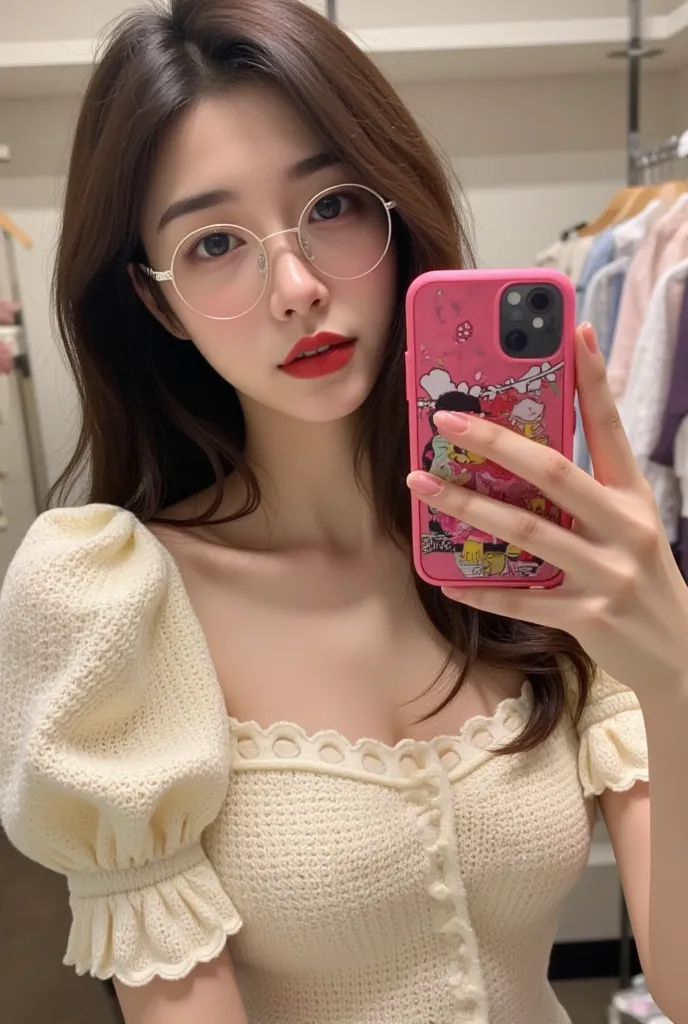 The image is a photograph of a young woman taking a selfie in what appears to be a dressing room, likely in a clothing store or boutique. She has a light skin tone and long, dark brown hair styled in loose waves cascading over her shoulders. She wears a pa...