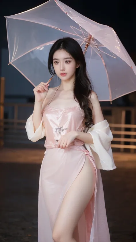     1 woman with an umbrella,(    I'm wearing a tight-fitting translucent dress:1.5),(    original photo ,     Best Quality ), (  exist, photo-  exist:1.4),  Masterpiece,    very delicate and  beauty,     is very detailed, 2k wallpaper,   wonderful,     De...