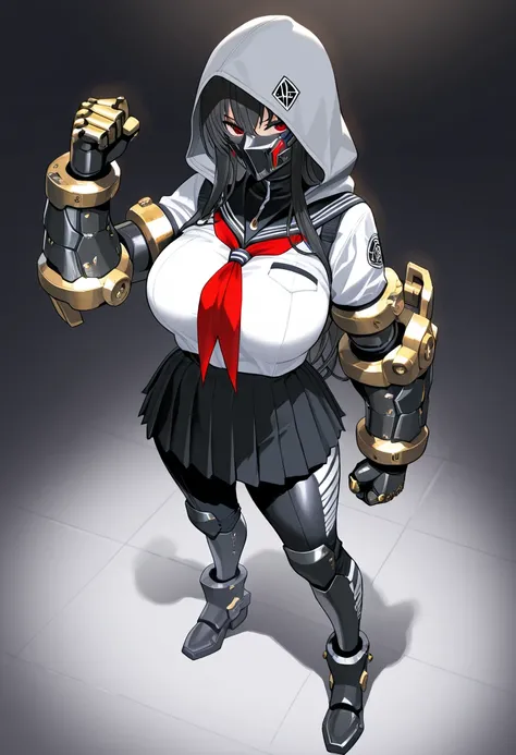  Masterpiece,  top quality,  high res,  1 girl, Alone, sailor suit、gray hood 、 iron mask on face , high-tech iron gauntlet worn on arms、  high-tech iron long pants 、 Black Skirt、Iron Boots、Big Breasts、Delinquent girl, full body