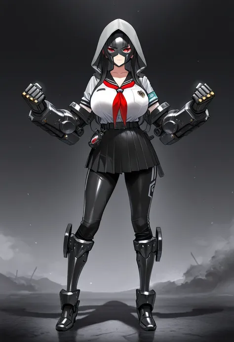  Masterpiece,  top quality,  high res,  1 girl, Alone, sailor suit、gray hood 、 iron mask on face , high-tech iron gauntlet worn on arms、  high-tech iron long pants 、 Black Skirt、Iron Boots、Big Breasts、Delinquent girl, full body