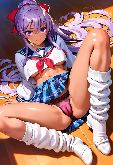 kawaii 18 year-old Japanese highschool girl, well tanned skin, glossy silver hair, purple eyes, high ponytail, bangs, wearing Japanese school uniforms, long sleeved sailor suits, plaid skirt, pink lace panties, cameltoe, thigh gap, loose socks, spread legs...