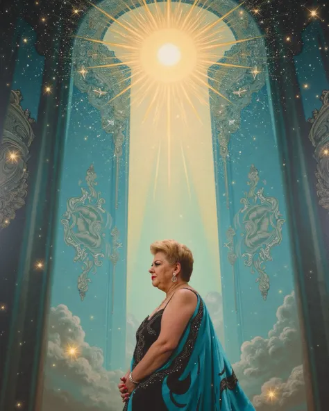  masterpiece, 8K,  oil effect, Woman in front of Heaven's Gate.  short hair.