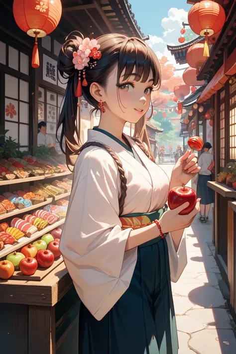 Asian woman enjoying a Japanese festival　Surrounded by Japanese food stalls　Anime style　I have a candy apple