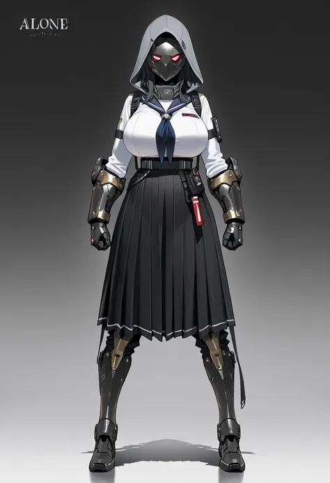  Masterpiece,  top quality,  high res,  1 girl, Alone, Long Sleeve Sailor Suit 、gray hood 、 iron mask on face , high-tech iron gauntlet worn on arms、  high-tech iron long pants 、 Black Skirt、Iron Boots、Big Breasts、 full body