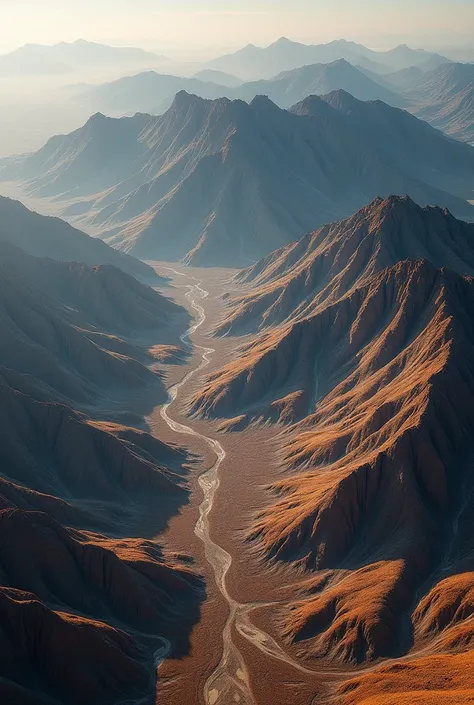 Satellite aerial view perspective，Brown mountains shaped like abalone，