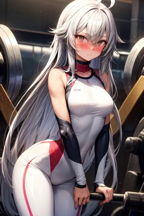 ((best quality)), ((masterpiece)), (detailed), 1 girl, embarrassed face, Silver eye, Blushing, Silver hair, Straight hair, long hair, ahoge, Bangs, Lock of hair covering right eye, very tall, very small breasts, Slim body, gym suit, gym background, anime