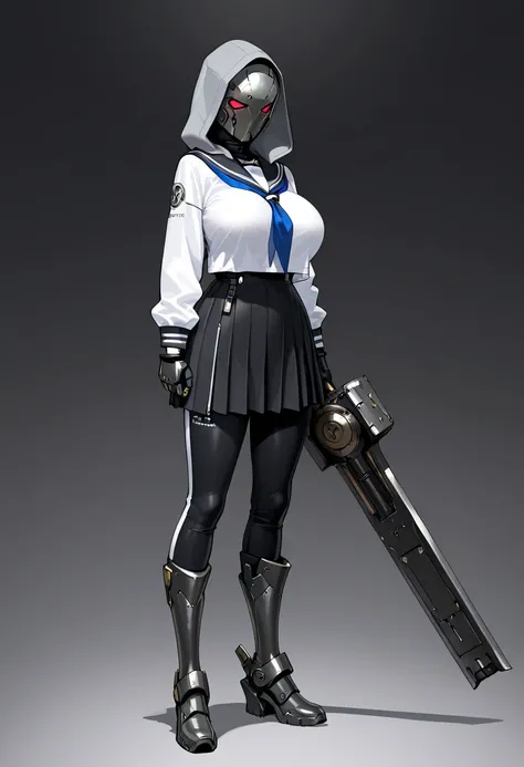  Masterpiece,  top quality,  high res,  1 girl, Alone, Long Sleeve Sailor Suit 、gray hood 、 iron mask on face , high-tech iron gauntlet worn on arms、  high-tech iron long pants 、 Black Skirt、Iron Boots、Big Breasts、 full body