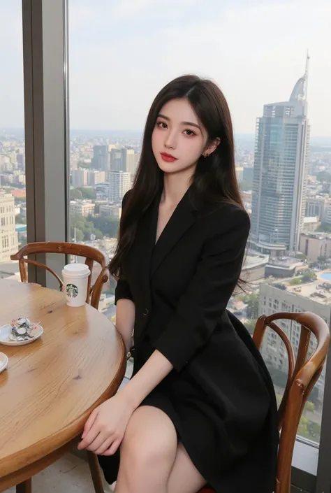  1girl , High Resolution, was sitting at the table there was a Starbucks on the table ,Stylish wheel , long dark hair  ,morning view , is above the apartment , behind the view of the skyscraper hotel, Woman staring at camera, pretty face