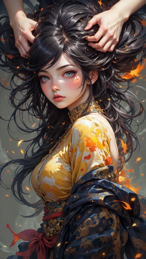  An amazing masterpiece of the highest quality ，Showing a girl ， with unique sharp facial features ， The extra long hair is combed with hands behind the head and grasping the strands， with gradient colored hair ，Add a sense of art。