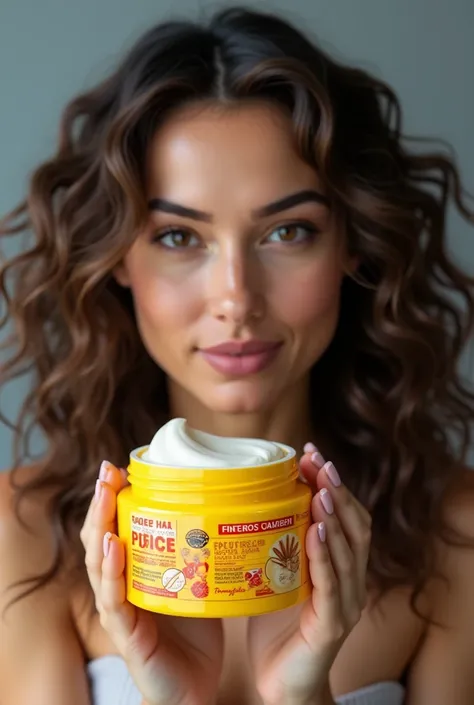 Create a photorealistic image with soft, diffused lighting, depicting a person holding a jar of yellow hair cream with a vibrant label and playful graphics. The scene should emphasize different textures:
- Hair: Well-defined curls, with a wet look or finis...