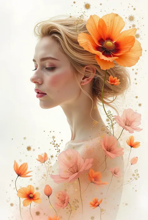 image of masterpiece abstract watercolor painting, hyper-realistic blonde woman, floating poppies like water ripples, mid-motion capture, exquisite beauty, translucent orange-pink lotus flowers, intricate filigree tendrils, floral gold and silver leaf over...