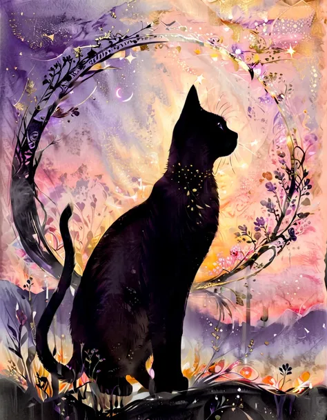 Craft a serene front-view paper art portrait of a regal cat standing tall, silhouetted against a soft gradient sky transitioning from blush pink to deep lavender. Use layered black or charcoal-gray paper for the cat’s silhouette, adding intricate details l...