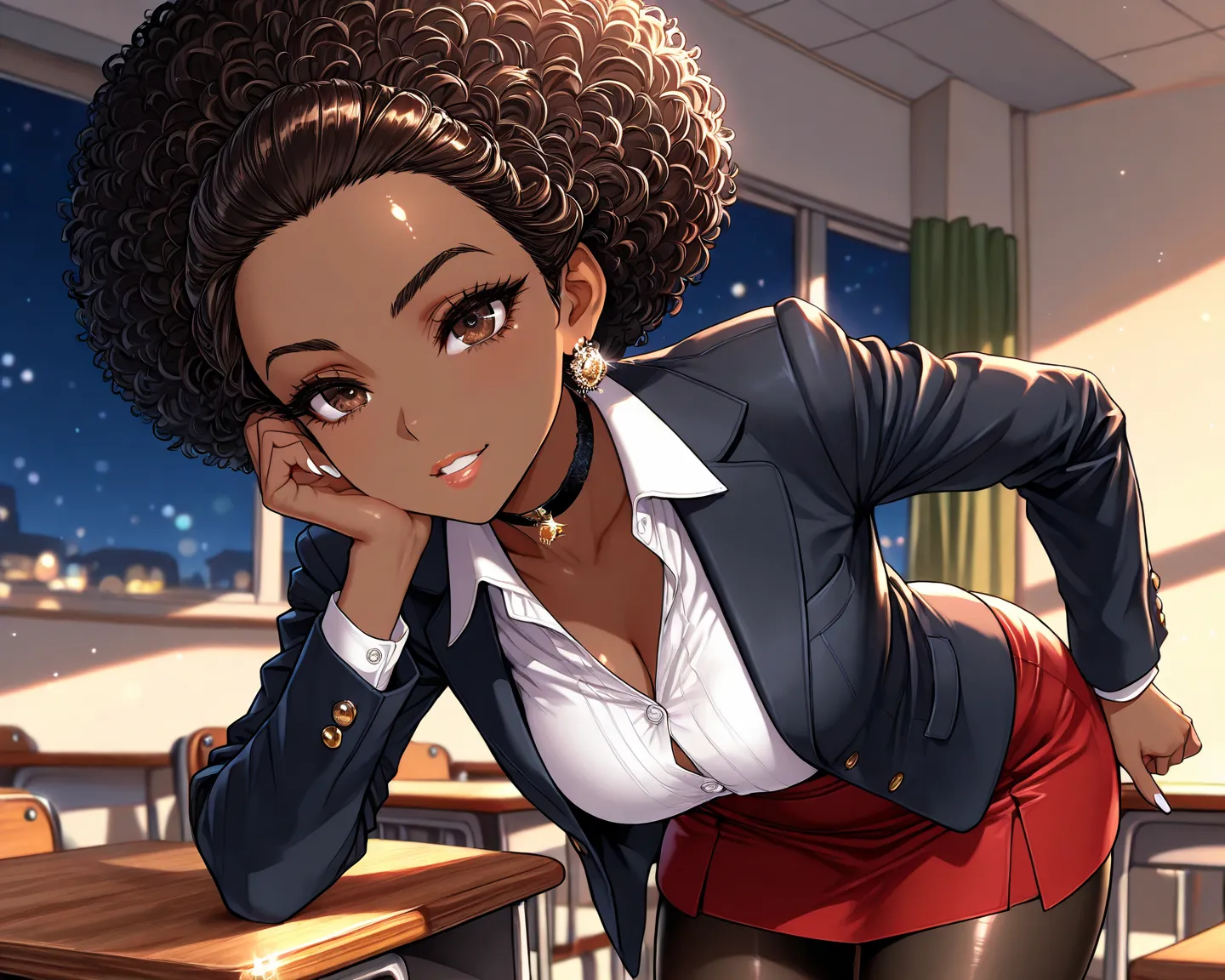 1Woman, Mature, Adult, Ebony, African American, Dark Brown Skin, Jet Black Curly Afro, Afro Pulled Back, Shiny Hair, Forehead, Dark Brown Eyes, White Nails, Dark Brown Eye Shadow, Red Mini-Skirt, Black Blazer Jacket, White Inner Shirt, Black Pantyhose, Bla...