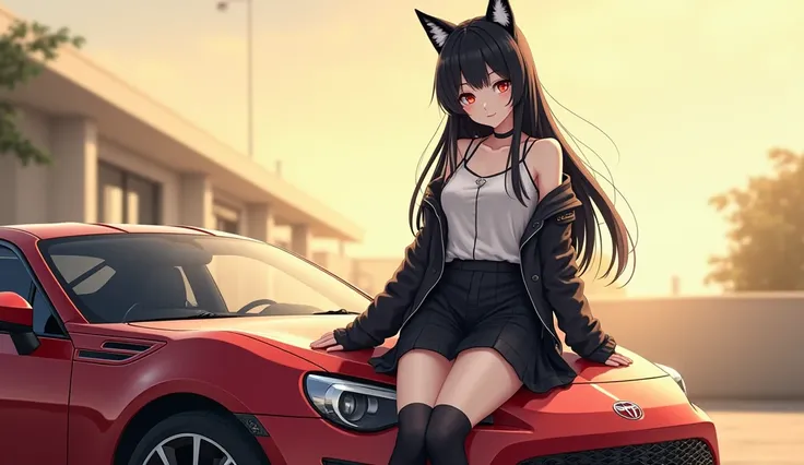 (masterpiece), best quality, expressive eyes, perfect face, Black haired wolf girl, black skirt, black knee high socks, white adidas shoes, white shirt, white jacket, sitting on hood of a sports car, sunny