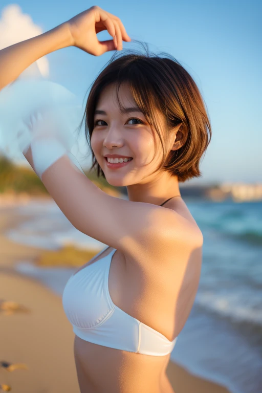 （8k、 RAW photos 、 top quality、 Masterpiece：1.2）、（ by Nomi、写真 by Nomi：1.4）、（Very detailed 8k wallpaper）、 sharp focus 、 depth of coverage、 blurry background、Bokeh、 cinematic lights、 Soft Light 、 upper body、20 year old cute actress raising her arms on the bea...