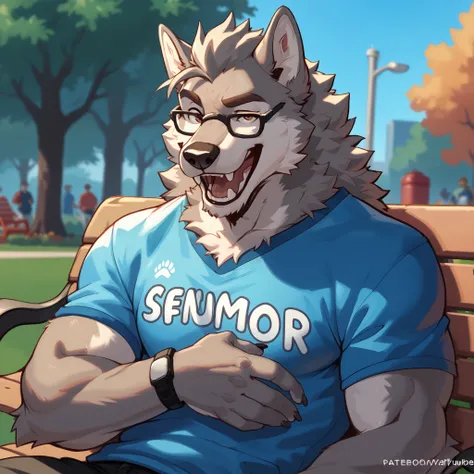 Wolf furry, outside, park, gamer clothes, grey wolf fur, glasses, brown eyes, messy clothes, nerd, wolf features, man, masculine, solo, laughing